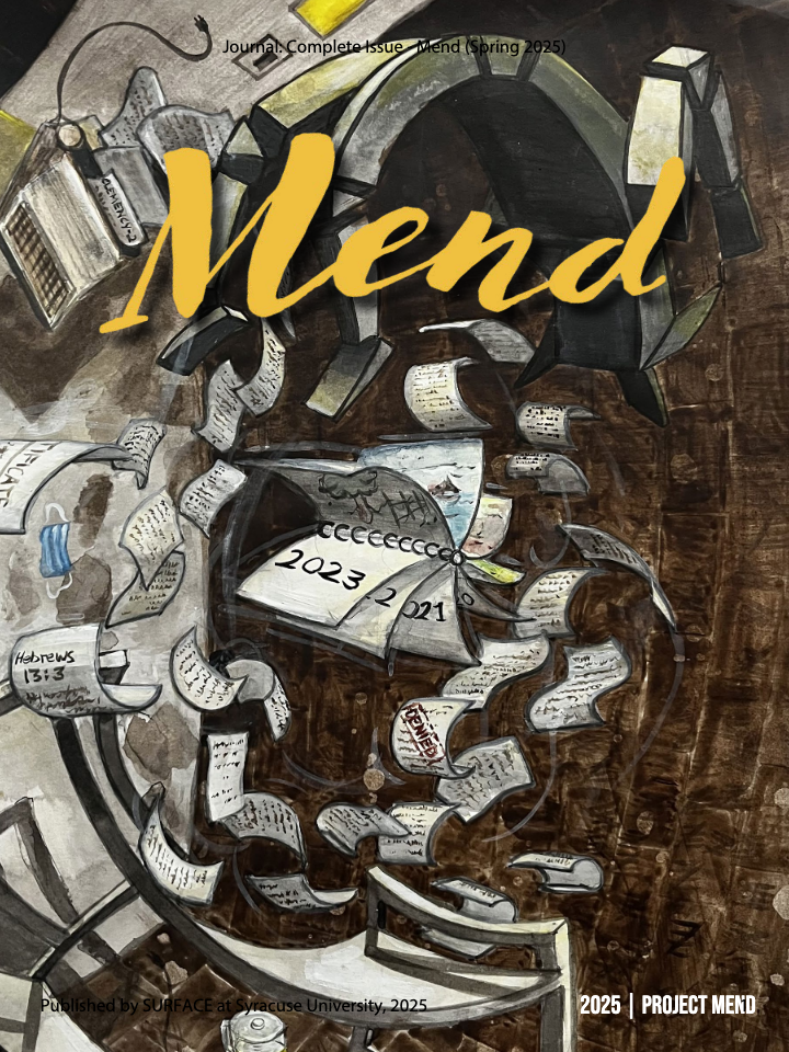 Mend journal cover with illustration of papers floating through the air.