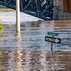 Flooded road with street signs just above the water line.
