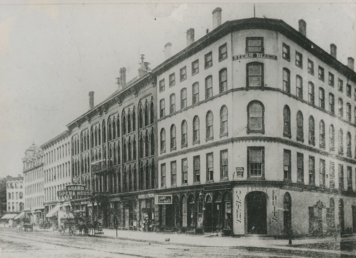 Archival photo of Meyers Block featuring a building on a corner.
