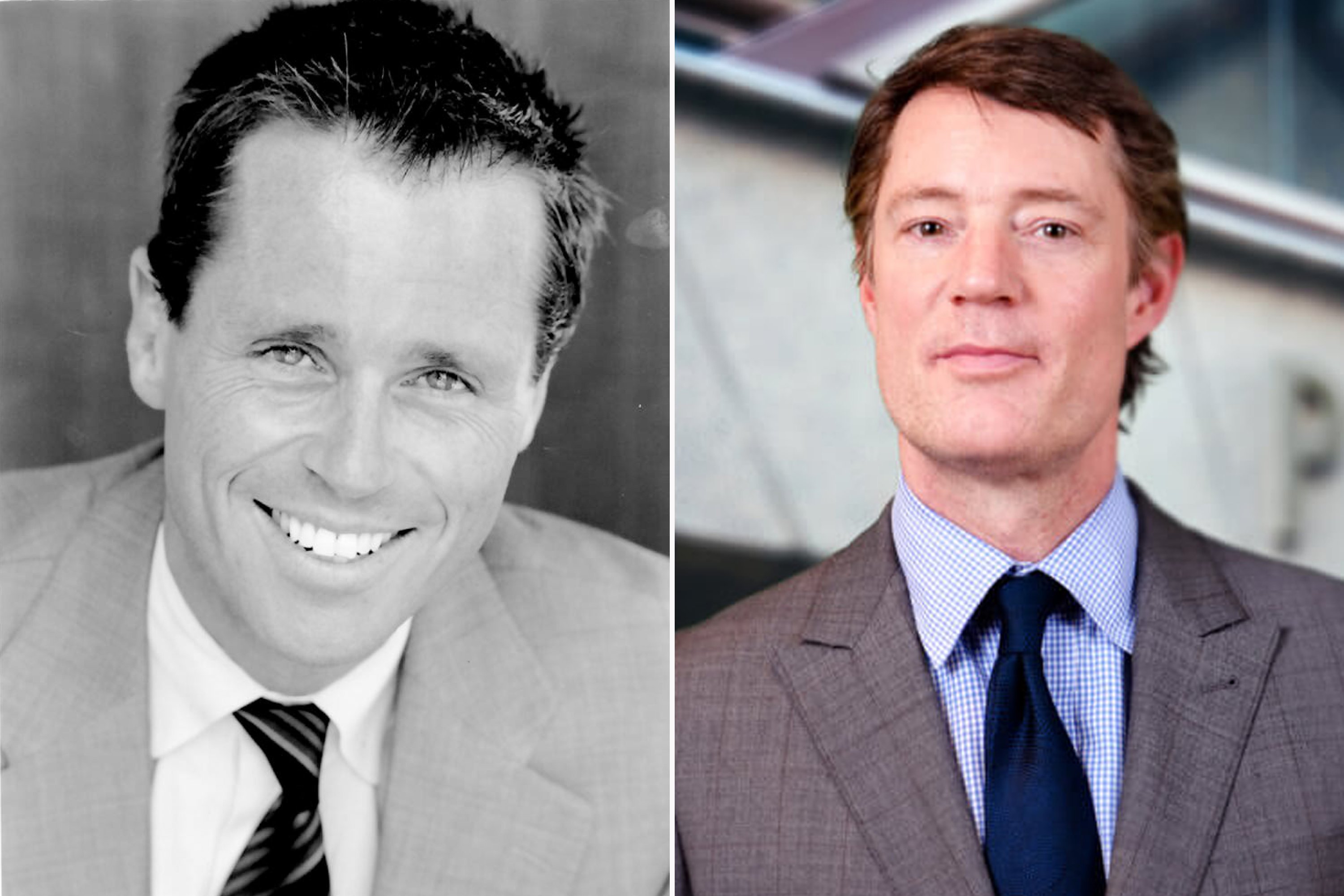 On the left is a black and white image of Christian "Chris" Andrews '87. On the right is a photo of Dr. Christopher Barley '89.