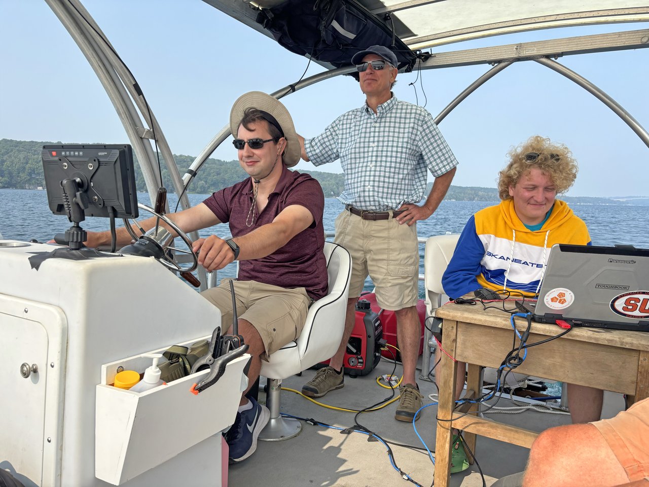 Three people on a boat.