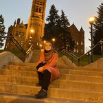 Nidaa Aljabbarin on the steps leading up to Crouse College.