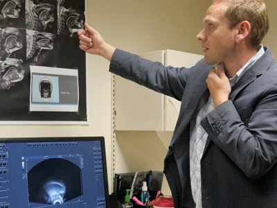 Preston demonstrates the use of ultrasound for visual feedback in his lab.