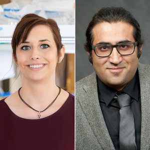 Alison Patteson, assistant professor of physics, left, and Davoud Mozhdehi, assistant professor of chemistry.