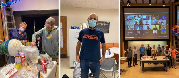 Left: 2 men making liquid nitrogen ice cream. Middle: a man showing off his vintage Syracuse University Physics t-shirt. Right: All participants in the AAPT conference.