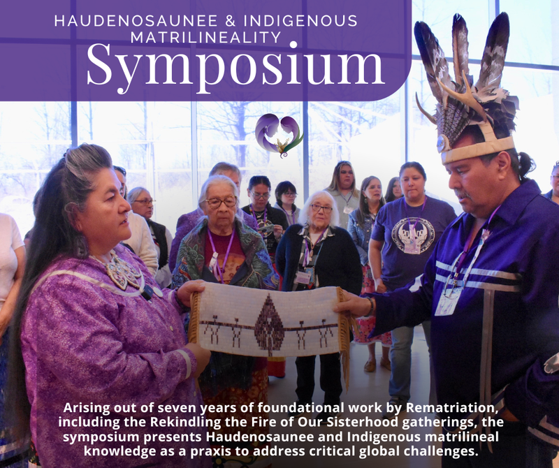 Graphic for rematriation symposium of people dressed in purple holding a Haudenosaunee tapestry.