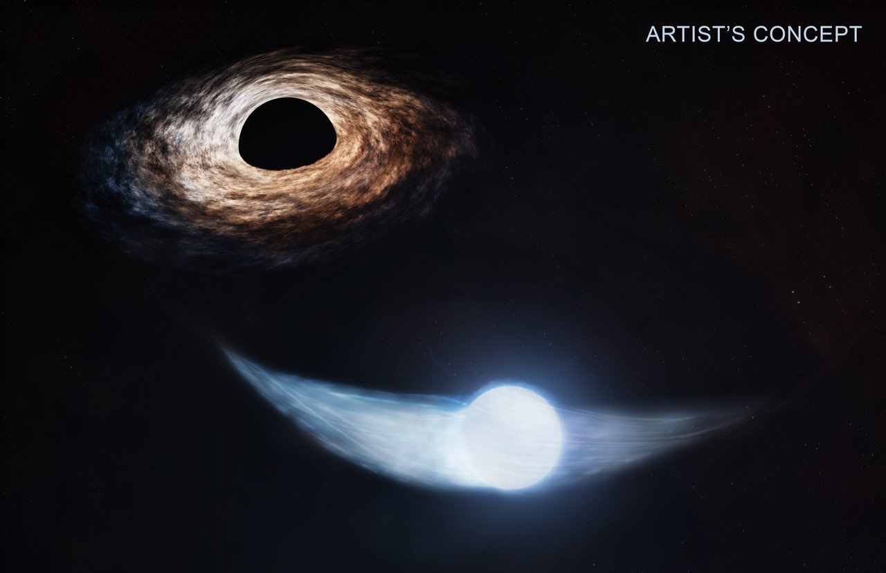 Digital illustration of a star shedding stellar debris as it orbits a supermassive black hole.