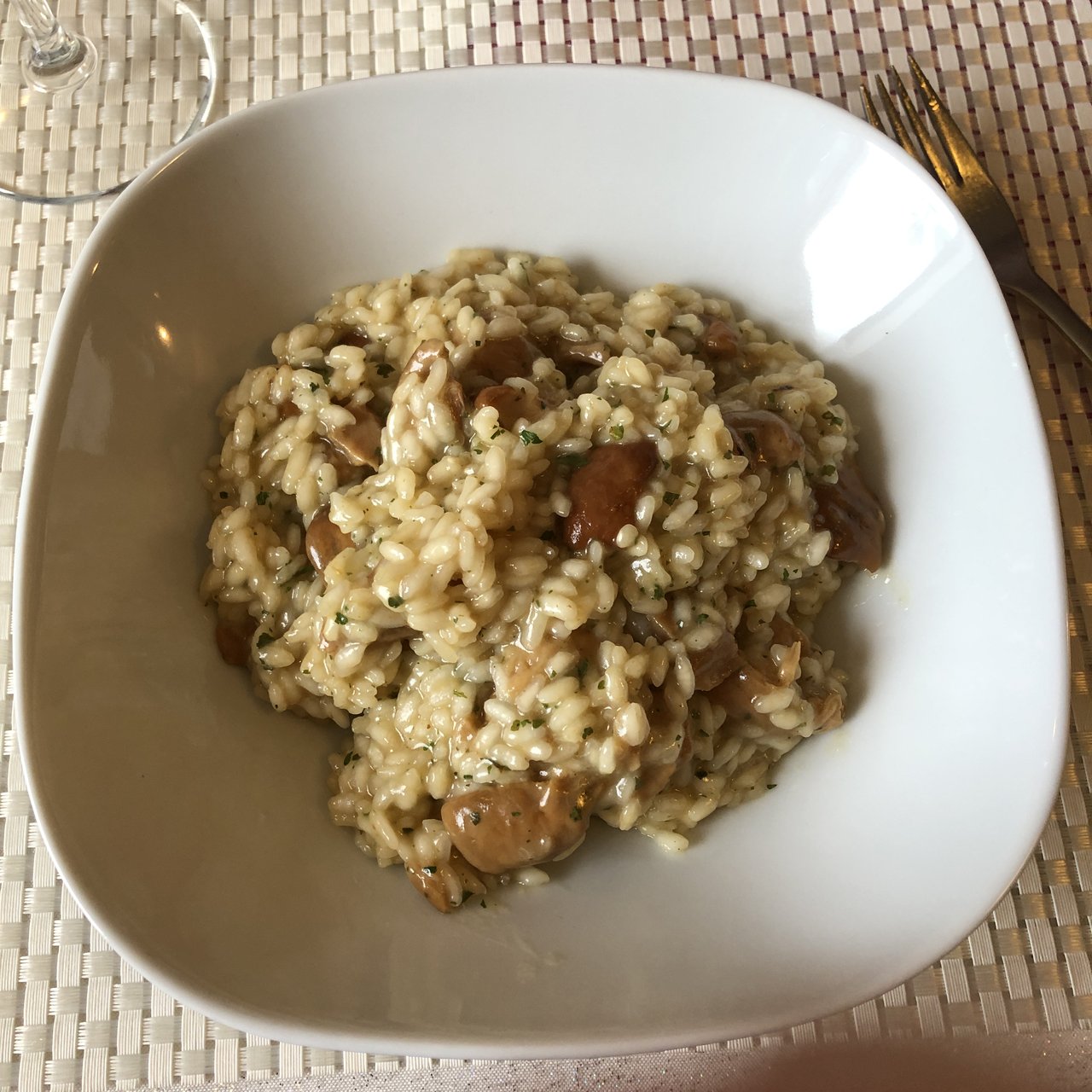 A bowl of risotto with mushrooms.