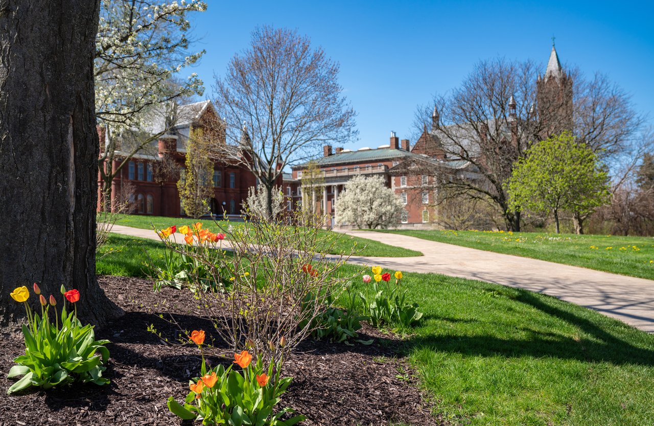Spring flowers in from of Tolley Humanities Building.