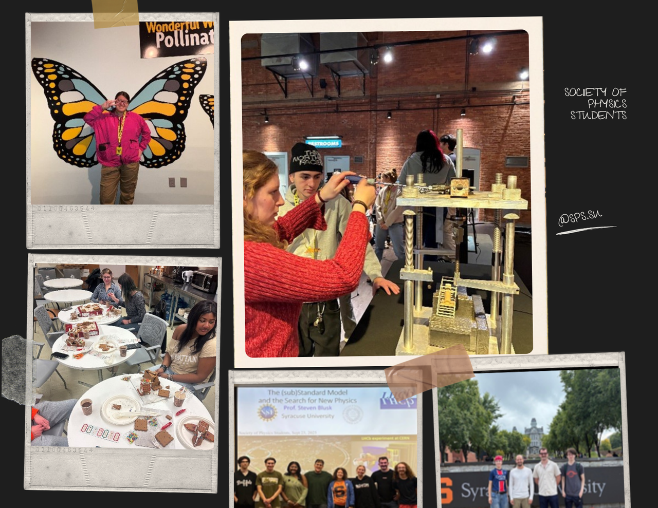 Collage of photos of a person standing in front of a butterfly painted on a wall, people making gingerbread houses and a group of four people standing in front of a Syracuse University sign.