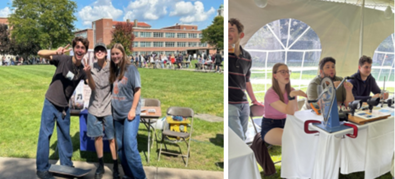 Side by side photos, in the left photo three people are standing and smiling and in the right photo three people are seated and giving a physics demonstration.