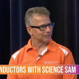 Headshot of Sam Sampere with text reading semiconductors with Science Sam.