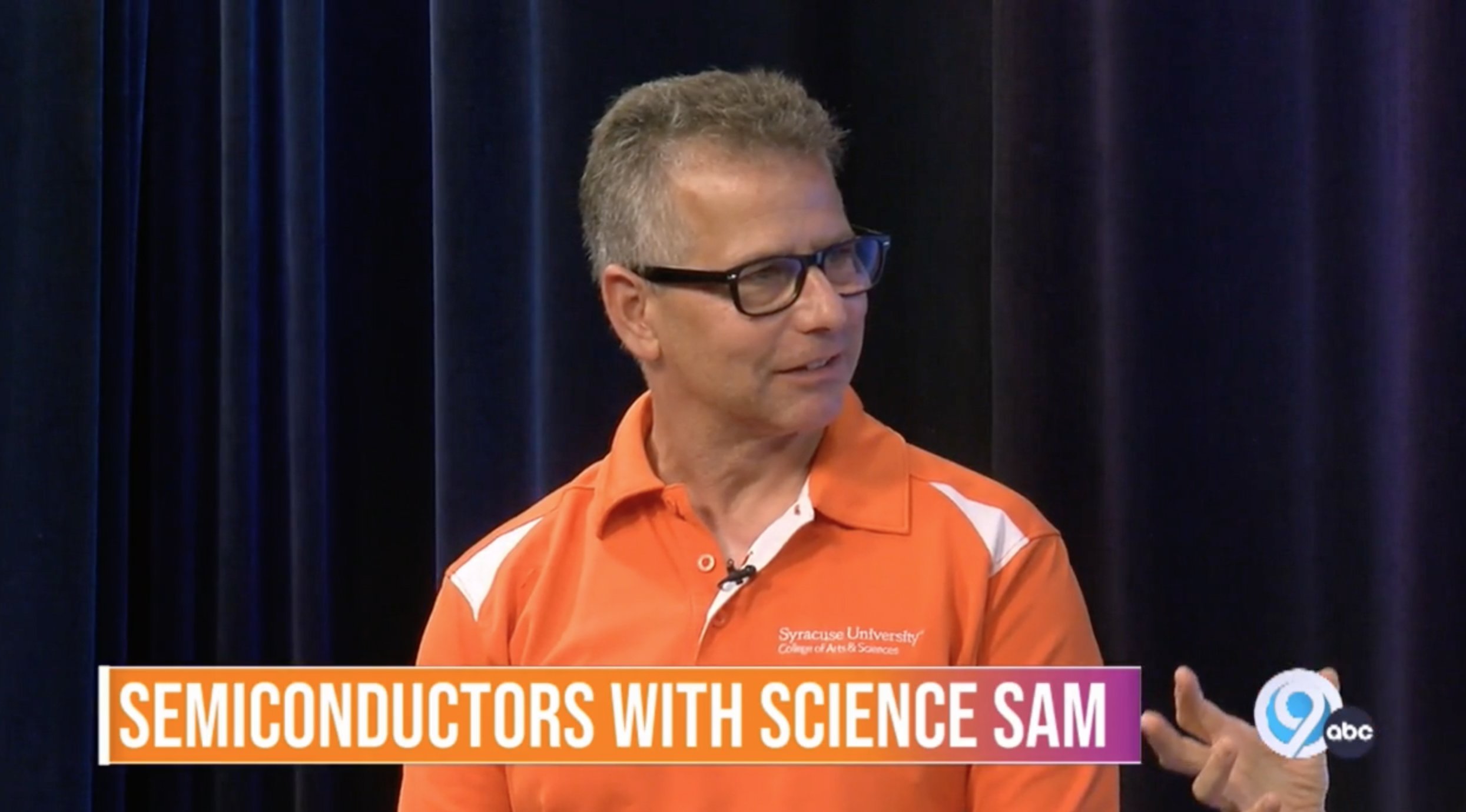 Headshot of Sam Sampere with text reading semiconductors with Science Sam.