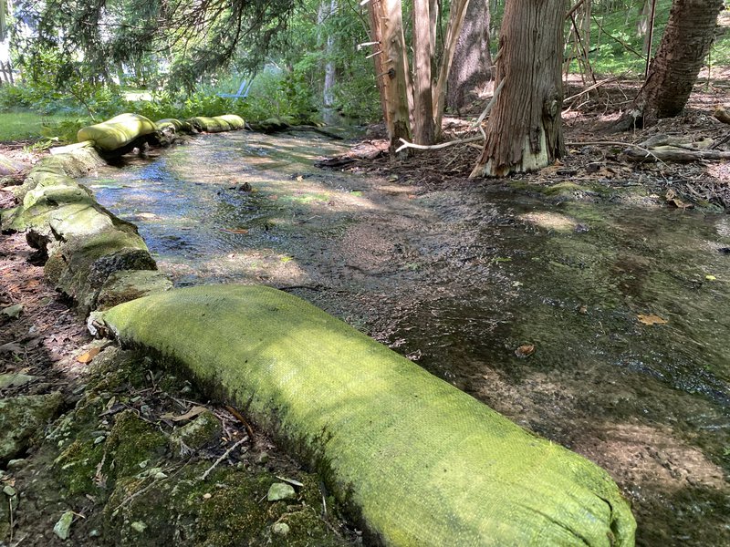 Sandbags along Spring Brook.