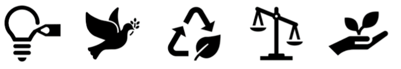 responding icons - lightbulb, peace dove, recycling symbol, scales of justice, hand with plant.