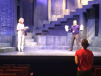 Directors Amanda Eubanks Winkler, at left,  and Richard Schoch investigate the stage in the 2014 fall weekend workshop, "Performing Restoration Shakespeare." (Photo by Elyse Martin)