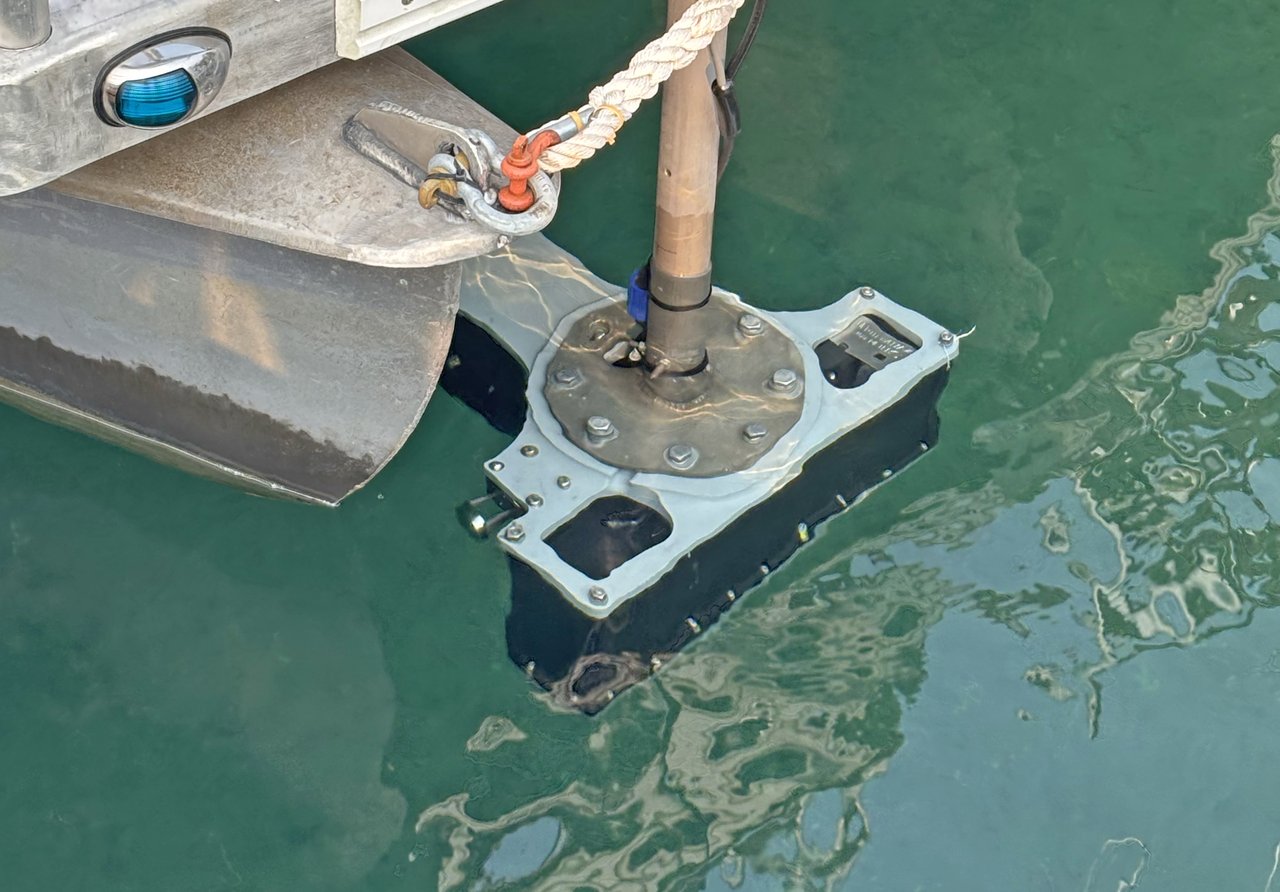 Sonar system attached to a boat.