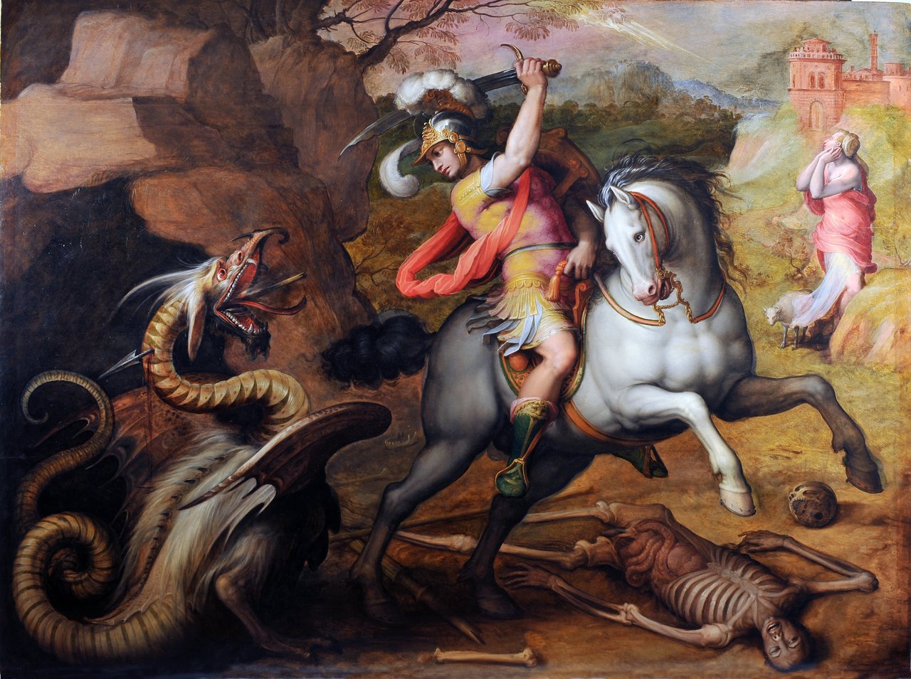 Artwork of a man on a horse slaying a dragon.