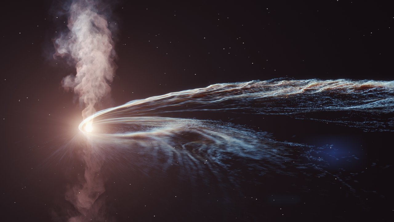 Artists depiction of a supermassive black hole tearing apart a star, with roughly half of the star debris was flung back out into space, while the remainder formed a glowing accretion disc around the black hole.