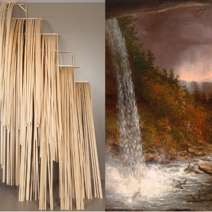 Two images: Left shows an art installation depicting waterfalls with natural reeds and right is a classic American oil painting of a waterfall.