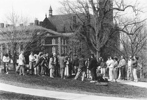 Crowd gathered for the peace tree planting at Syracuse University.