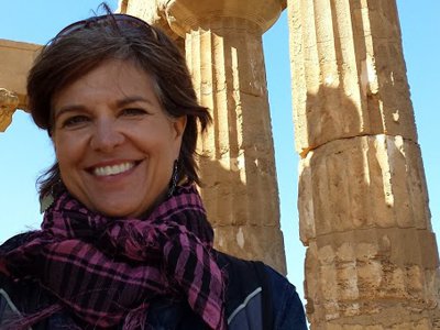 Virginia Burrus at an ancient Greek temple in Selinunte, Sicily