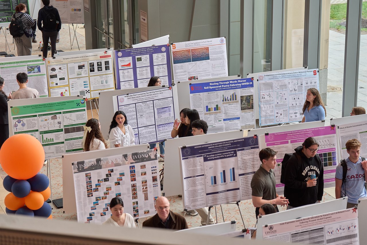 An aerial view of the undergraduate research festival featuring students presenting research posters.