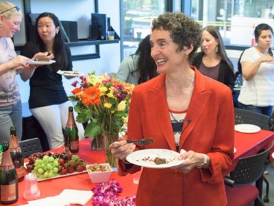 Shatz celebrates her Kavli prize with members of her Stanford lab. (Linda A. Cicero/Stanford News Service)