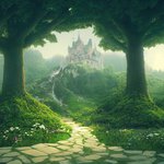 Fairy tale woodland onto a castle and a sailing ship.