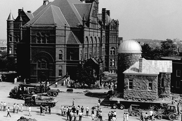 Holden Observatory being moved on a flatbed truck.