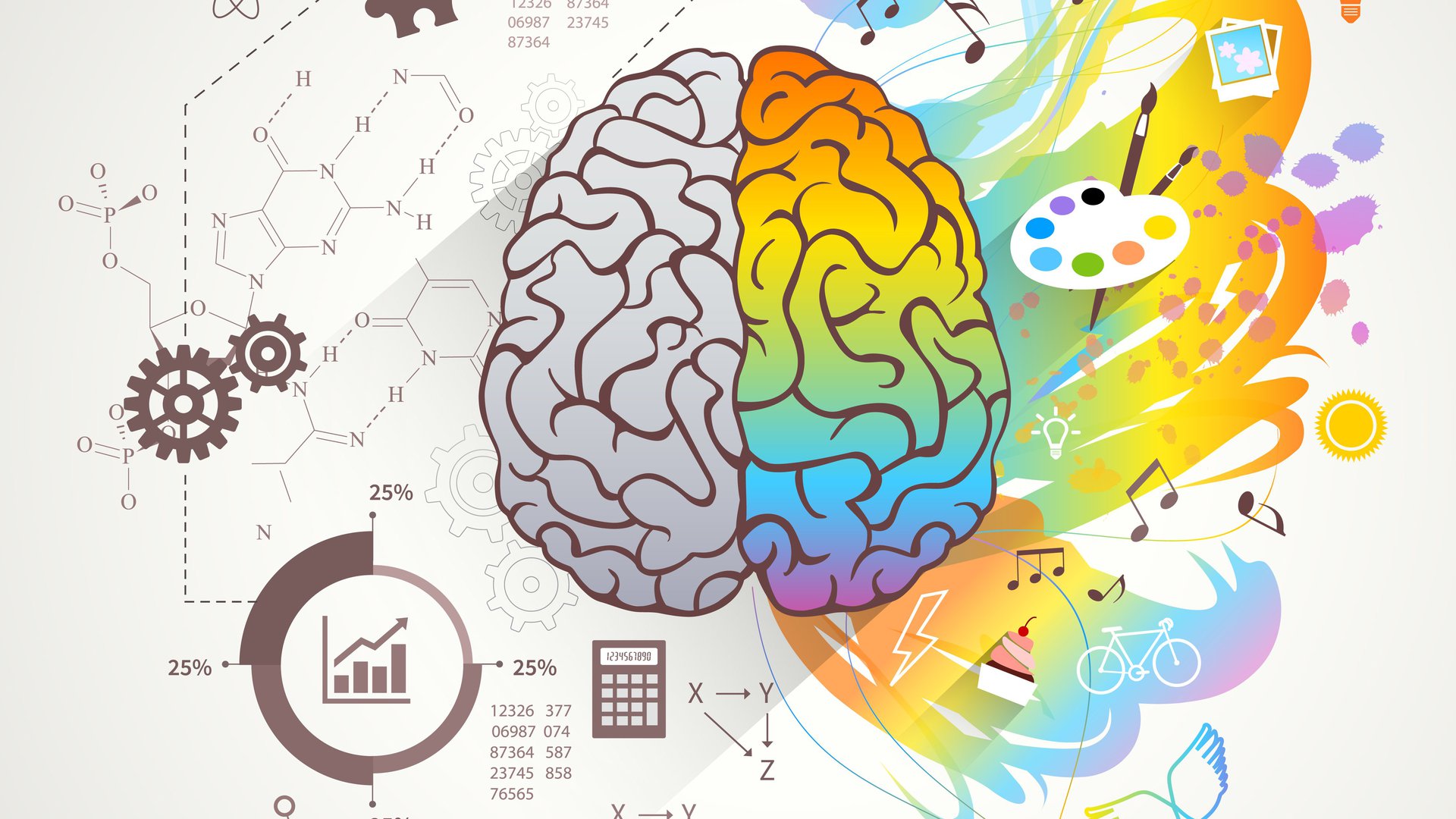 Illustration of a brain with monochrome left side surrounded by science icons , the right side in rainbow surrounded by arts icons.