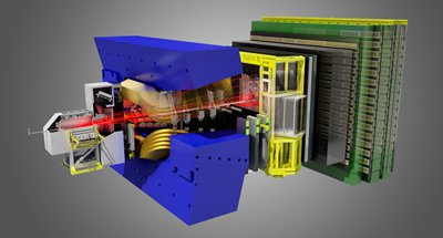 A rendering of the enormous LHCb detector, which registers approximately 10 million proton collisions per second. Scientists study the debris from these collisions to better understand the building blocks of matter and the forces controlling them.