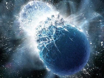 An artist’s conception portrays two neutron stars at the moment of collision. (Dana Berry, SkyWorks Digital, Inc.)
