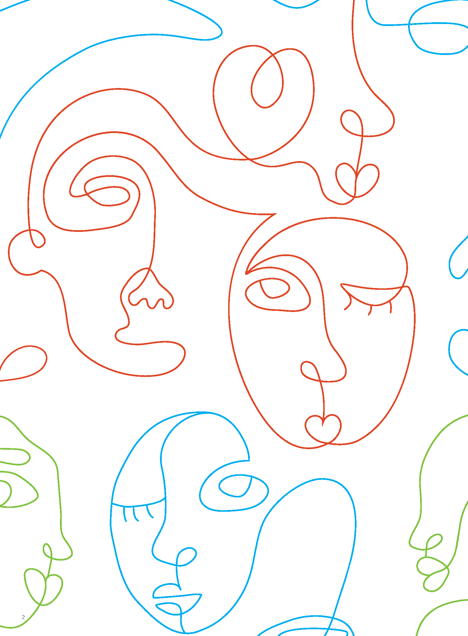 Abstract, continuous line drawings of faces.