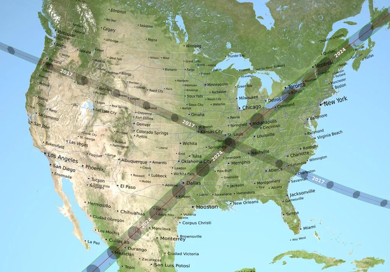 Map showing the 2017 and 2024 paths of totality.