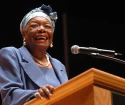 "Black and Banned" honors the memory of Maya Angelou (shown speaking at Syracuse in 2004), whose books have been frequently banned.