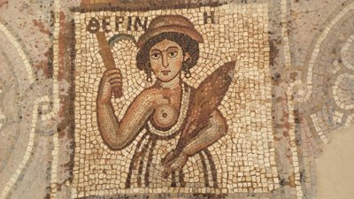 The personification of summer in a mosaic on the floor of a church at the ancient city of Petra in Jordan