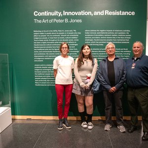 Sascha Scott (left) and Scott Manning Stevens (right) with student curator Eiza Capton (center, left) and artist Peter B. Jones (center, right) at the opening of Continuity, Innovation and Resistance.