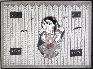 Rani Jha: "Breaking Through the Curtain," 2010. Acrylic paint on paper.
