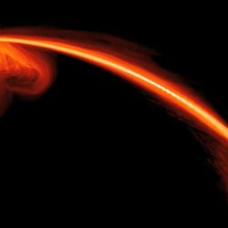 Artist rendering of a A hydrodynamical simulation of a star being ripped apart by the tidal forces of a supermassive black hole.