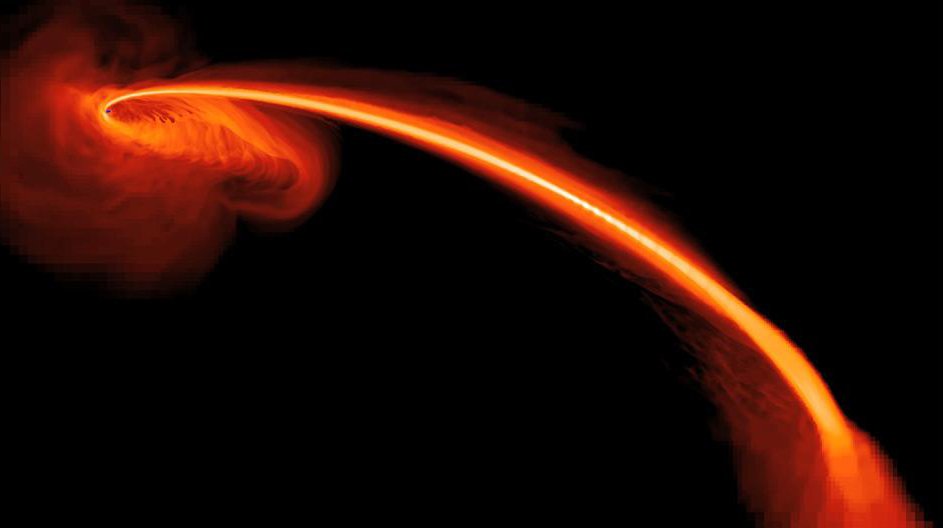 Artist rendering of a A hydrodynamical simulation of a star being ripped apart by the tidal forces of a supermassive black hole.