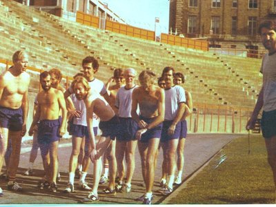 Hahn (sixth from right) preparing to run in Syracuse's now-defunct Archbold Stadium in 1978.