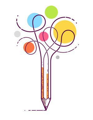 Graphic pencil with curly lines symbolizes creativity, vector logo illustration